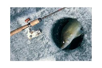 fishing rod combo placed next to ice fishing hole with fish peaking through