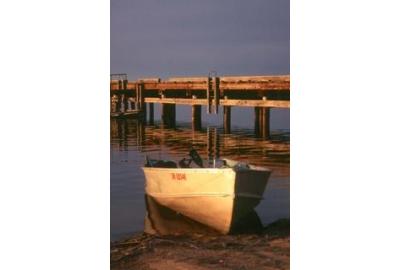 small boat docked on shore during sunset golden hour