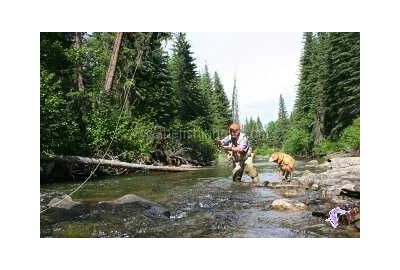 Neil Waugh high country angling on the Embarras River with his dog