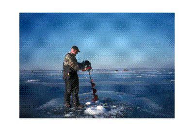 man drilling into ice with auger