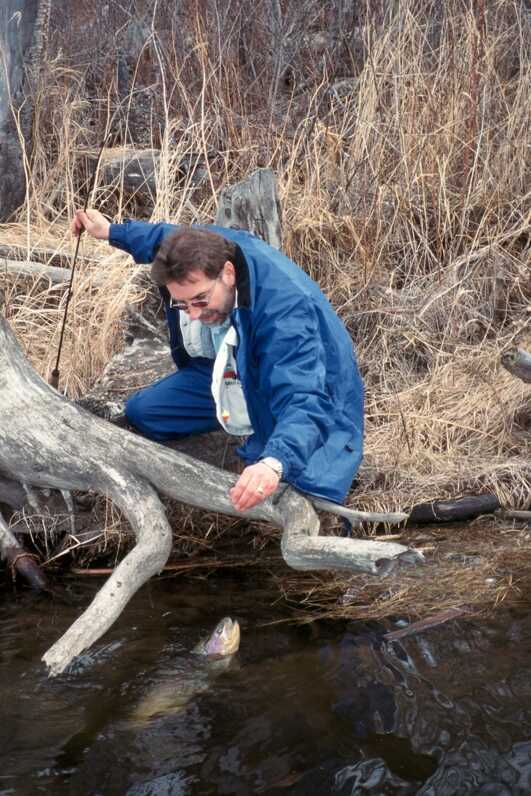 man crouching down by water holding hand out as a fish comes up