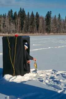 man reaching out of ice fishing tent holding small yellow fish