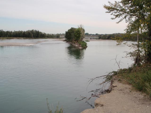 Before the flood in June 2013 the Bow River used to flow entirely to the left of the island in the middle of the picture, to the right used to be a pond in Carburn Park